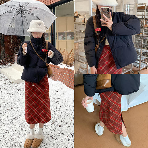 <曾小咸推荐>【微甜慕斯】黑色棉服+红色格子裙 商品图1