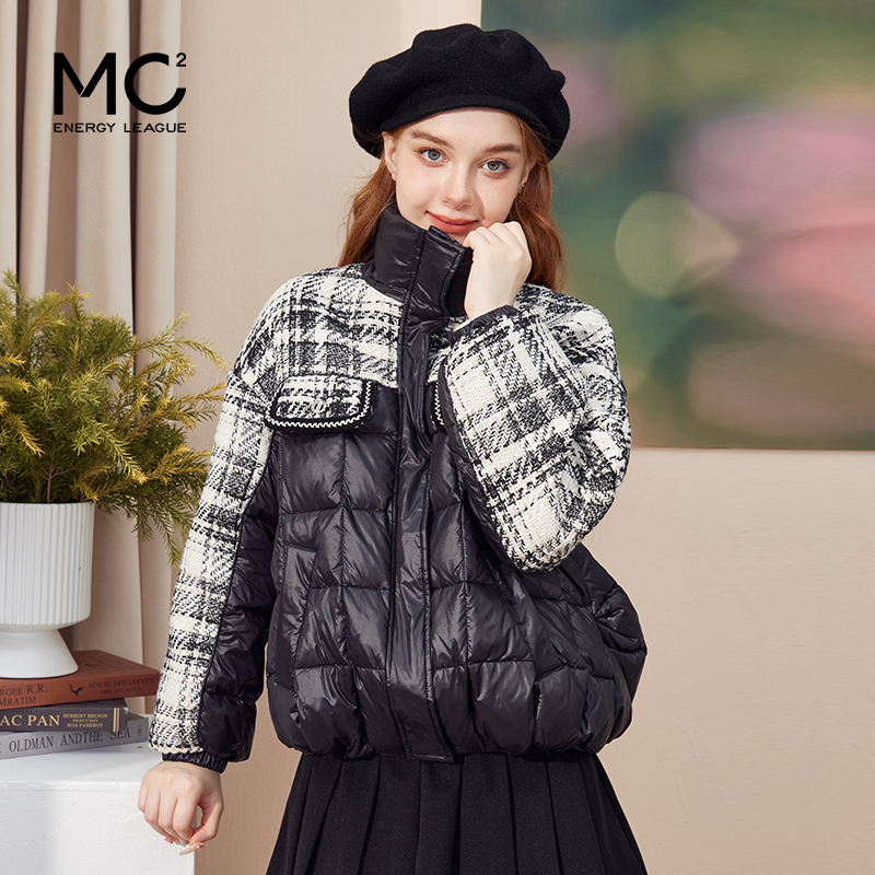 mc2黑色立领小香风撞色短款羽绒外套女装2023冬装新款时尚面包服