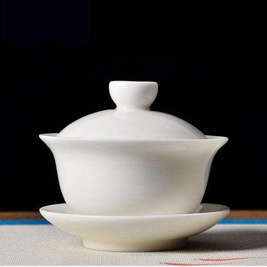永利汇羊脂白玉白瓷三才盖碗陶瓷手抓功夫泡茶碗盖杯纯手工茶具纯白大号 商品图0