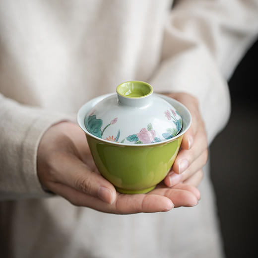 永利汇苹果绿手绘夏花盖碗中式陶瓷茶器系夏日泡茶碗家用色釉瓷 商品图1
