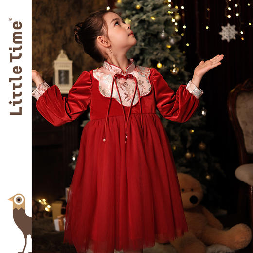 littletime女童红色中国风拜年服长袖连衣裙宝宝洋气小女孩公主裙 商品图1