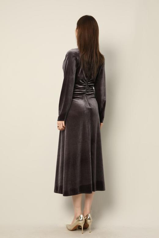 Le Malene 紫灰色优雅丝绒褶皱收腰连衣裙 17420 商品图3