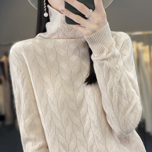 QH-RY206纯色绞花百搭针织打底衫上衣秋冬新款堆堆领针织衫女士韩版高领 商品图0