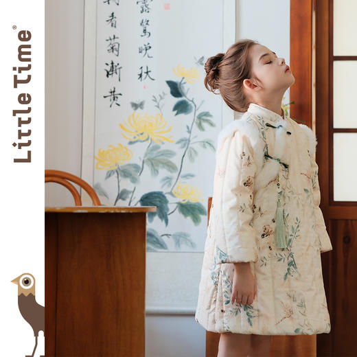 littletime冬季女童唐装国风旗袍长袖夹棉连衣裙毛绒拼接拜年裙 商品图3