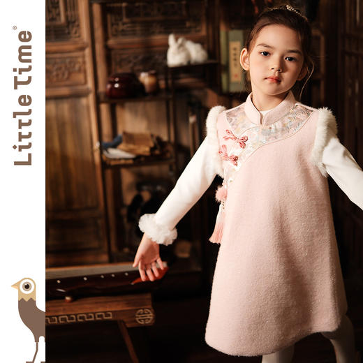 littletime冬装女童国风拜年服无袖唐装加厚碎花马甲裙毛呢背心裙 商品图4