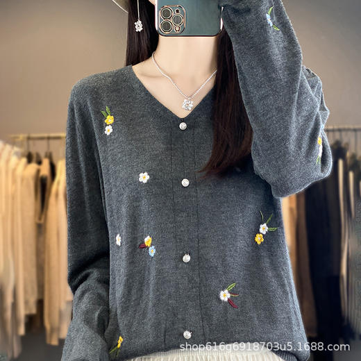 QH-ZH2349精纺羊毛小衫V领薄款套头毛衣刺绣针织打底衫内搭上衣秋冬 商品图1
