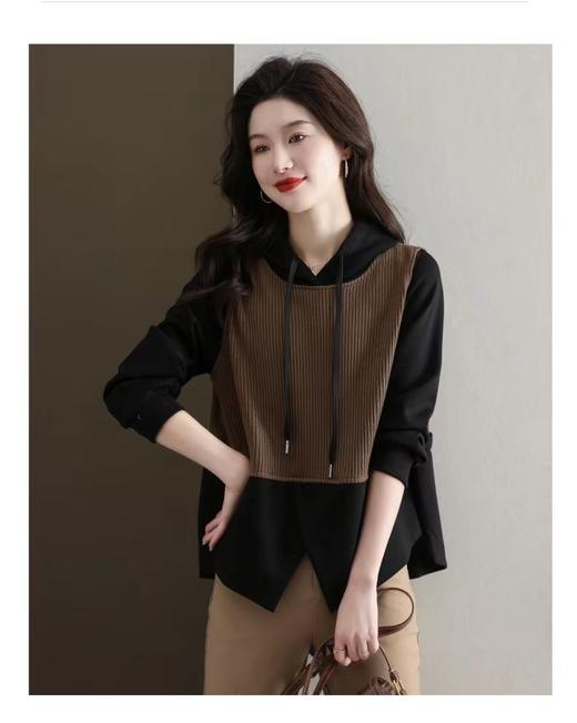 C6377    洋气休闲减龄百搭连帽拼接假两件长袖上衣 商品图1