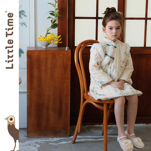littletime冬季女童唐装国风旗袍长袖夹棉连衣裙毛绒拼接拜年裙 商品图0