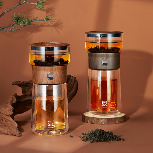 哲品 派.T-MAKER-玻璃版木纹设计派杯升级版便携单人泡茶杯 商品图0