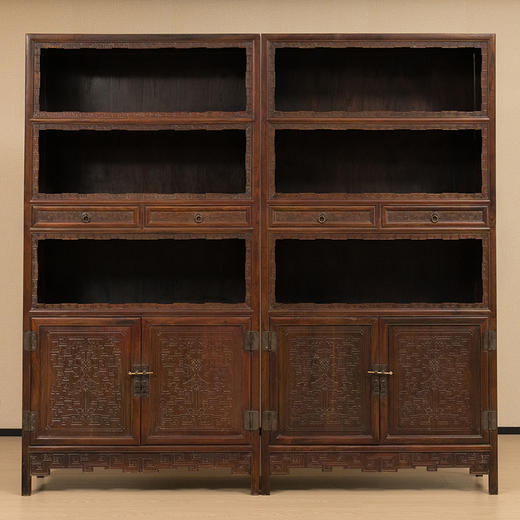 清 红木拐子纹三层带屉书柜（一对） 商品图0