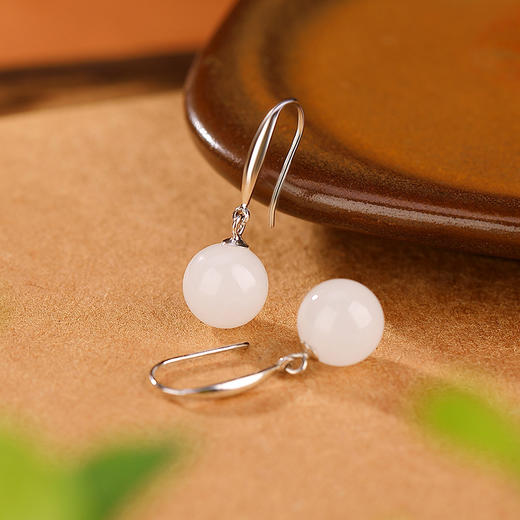 【一池春水】S925银和田玉白玉圆珠耳饰【CW-23088】 商品图1