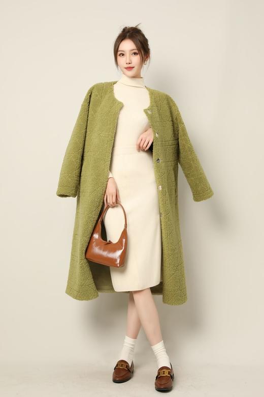 Le Malene 苔藓绿圆领毛绒羊毛大衣外套 17409 商品图2