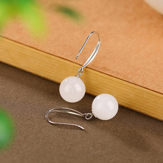 【一池春水】S925银和田玉白玉圆珠耳饰【CW-23088】 商品图2
