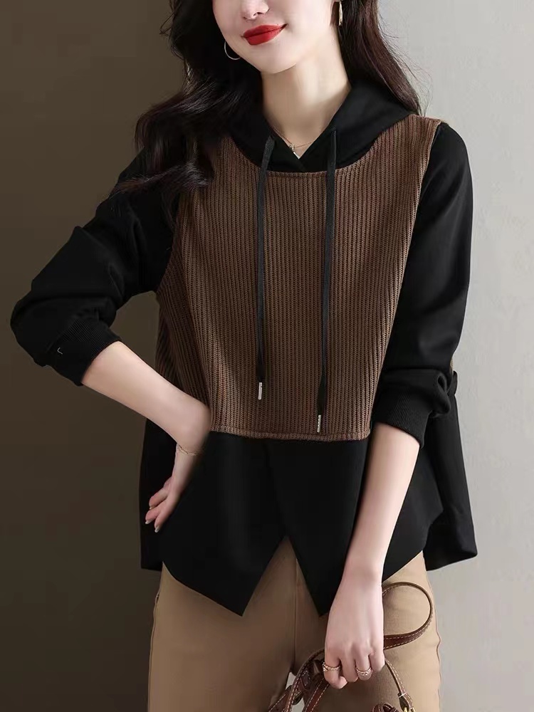 C6377    洋气休闲减龄百搭连帽拼接假两件长袖上衣