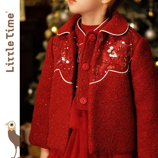 littletime新年圣诞红色拜年毛呢外套女童短款秋冬气质加厚新款 商品图4