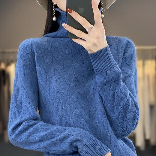 QH-RY206纯色绞花百搭针织打底衫上衣秋冬新款堆堆领针织衫女士韩版高领 商品图1