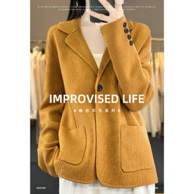 QH-ZH2337韩版宽松百搭短款外套上衣新款羊毛针织开衫女西装领纯色秋冬小香