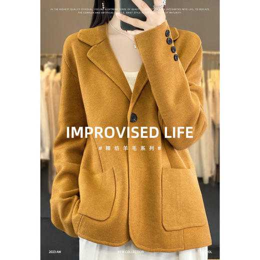 QH-ZH2337韩版宽松百搭短款外套上衣新款羊毛针织开衫女西装领纯色秋冬小香 商品图0