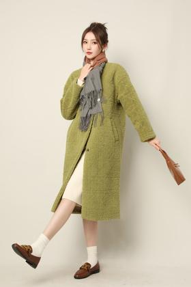 Le Malene 苔藓绿圆领毛绒羊毛大衣外套 17409