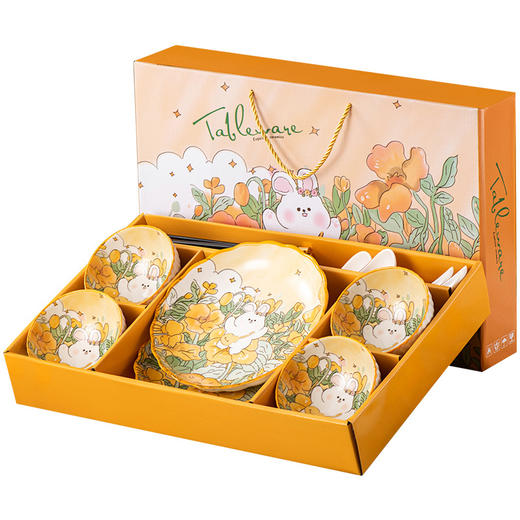 【手绘嘟嘟兔❗️精美礼盒餐具】花中兔陶瓷套装碗 教师节地推活动 创意碗碟套装小礼品碗碟伴手礼新年礼盒年货礼盒 商品图4