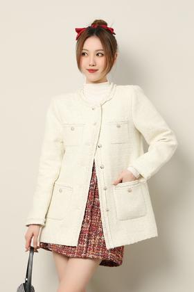 Le Malene 白色小香风夹棉粗花呢圆领西装外套 17655