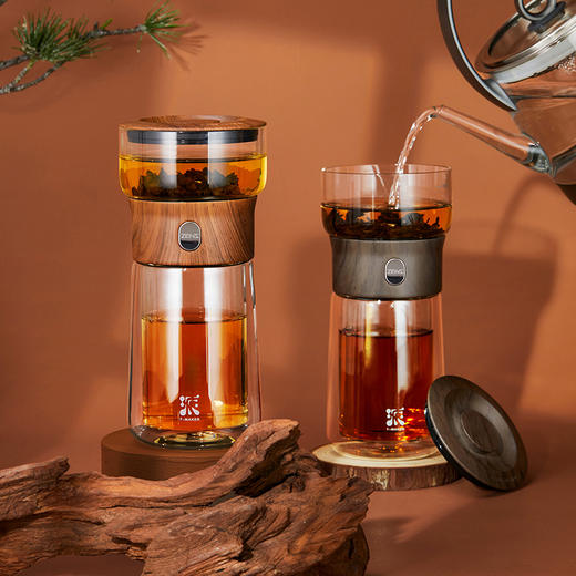 哲品 派.T-MAKER-玻璃版木纹设计派杯升级版便携单人泡茶杯 商品图1