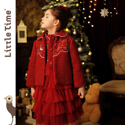 littletime新年圣诞红色拜年毛呢外套女童短款秋冬气质加厚新款 商品图1