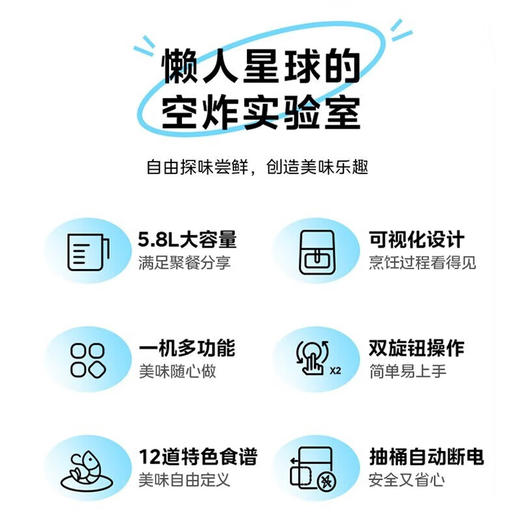 美的（Midea） 空气炸锅家用可视化温度时间双控新款智能多功能电气炸锅机大容量薯条机 MF-KZE5881（5.8升可视化窗口） 商品图2
