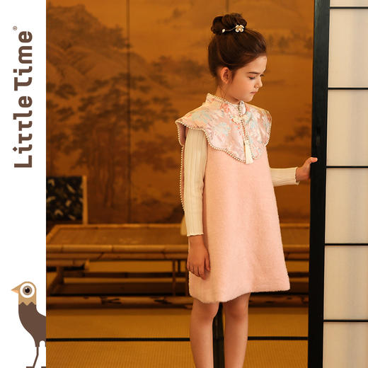 littletime女童中国风披肩背心裙2023秋冬新款毛呢连衣裙新年汉服 商品图2