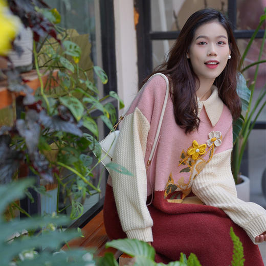 两三事粉黛花海2023冬季新款复古拼色立体花朵毛衣裙连衣裙 商品图2