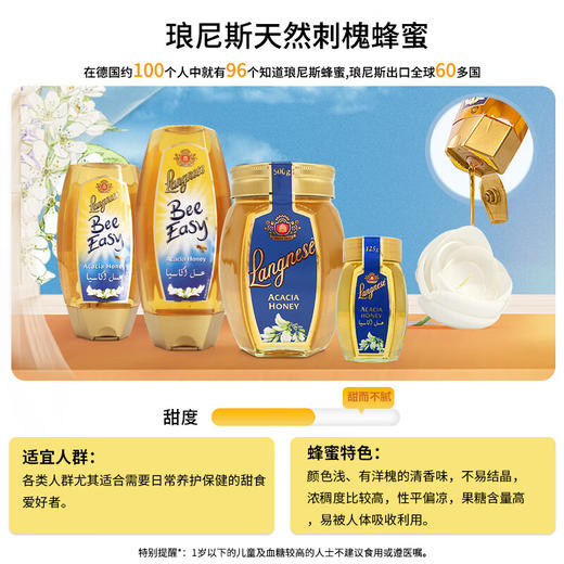 德国琅尼斯方便装刺槐蜂蜜500g/250g 入口温和绵柔便携汲取 031433/031432 商品图1