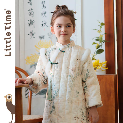littletime冬季女童唐装国风旗袍长袖夹棉连衣裙毛绒拼接拜年裙 商品图1