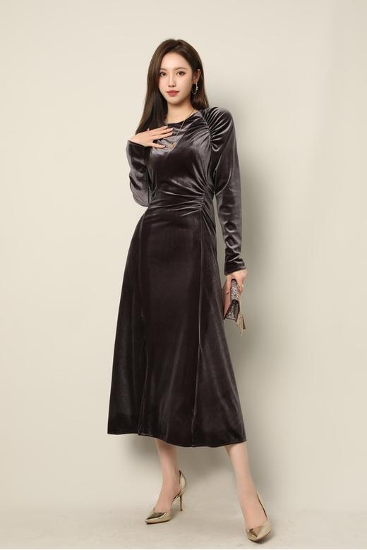 Le Malene 紫灰色优雅丝绒褶皱收腰连衣裙 17420 商品图1