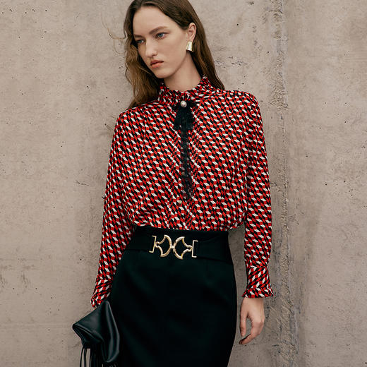 EITI爱特爱春季新款修身显瘦百搭印花立领衬衣7309002 商品图3