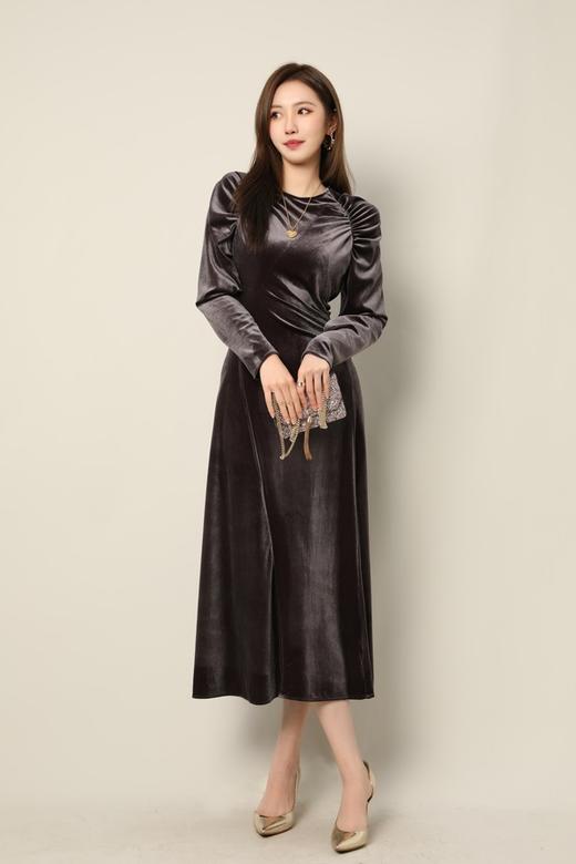 Le Malene 紫灰色优雅丝绒褶皱收腰连衣裙 17420 商品图2