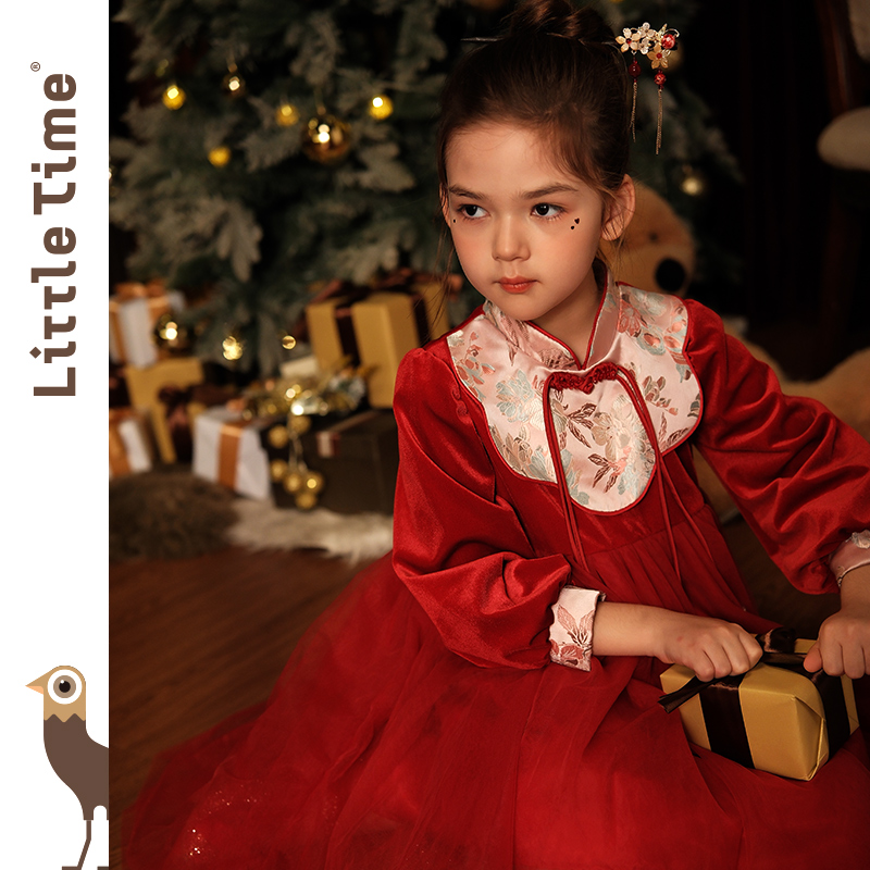littletime女童红色中国风拜年服长袖连衣裙宝宝洋气小女孩公主裙