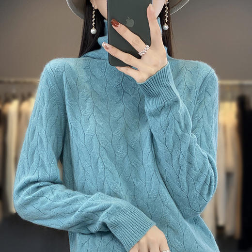 QH-RY206纯色绞花百搭针织打底衫上衣秋冬新款堆堆领针织衫女士韩版高领 商品图2