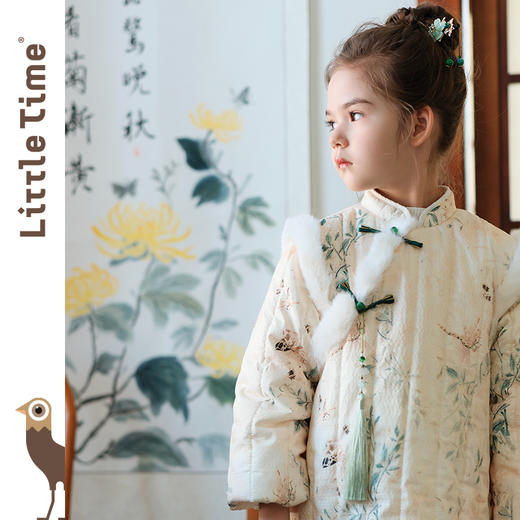 littletime冬季女童唐装国风旗袍长袖夹棉连衣裙毛绒拼接拜年裙 商品图4