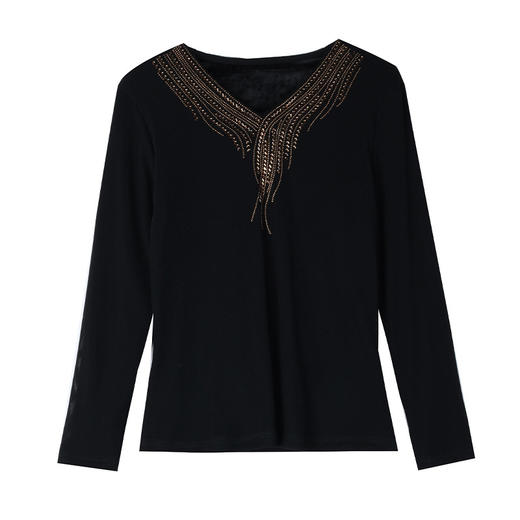 KQL-210H6088秋冬新款大码女装高弹打底衫时尚烫钻上衣v领修身长袖小衫 商品图4