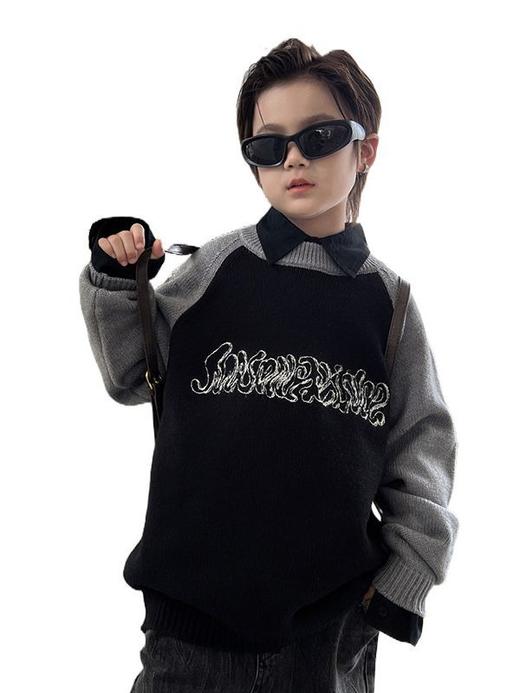 双12抢先购！【字母图案！时尚流行】秋冬款儿童毛衣 美式vibe插肩撞色，加厚男女童宝宝毛衣潮。手感舒适 温暖呵护你的宝宝 商品图4