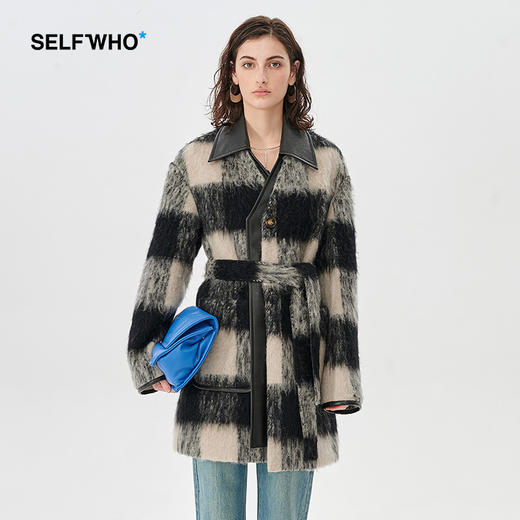 Self Who渐变黑白格子毛呢外套女秋冬中长款小个子高级感羊毛大衣 商品图0