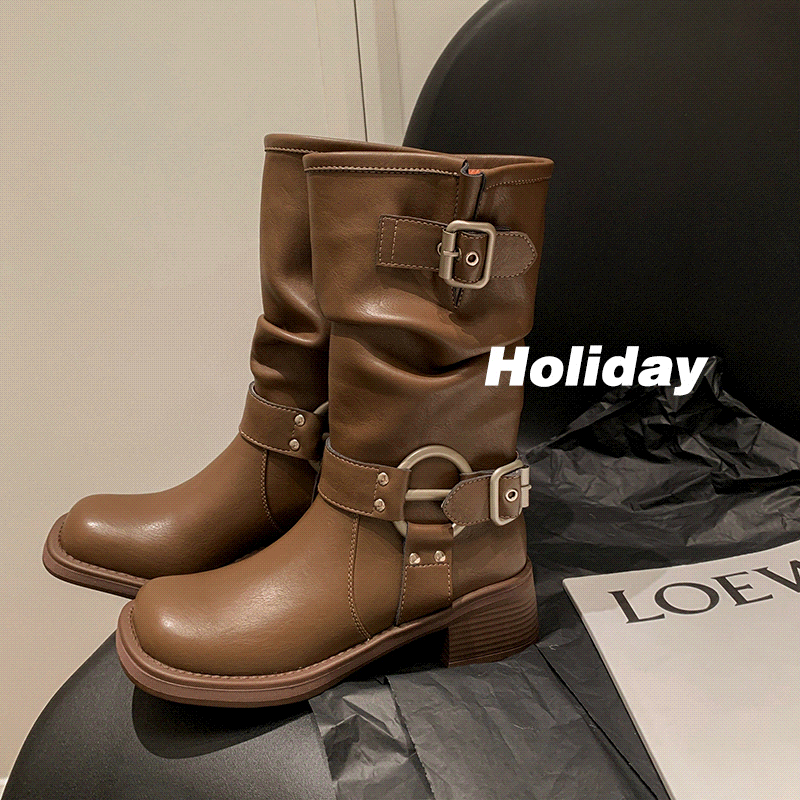 【时尚潮流！高筒马丁靴】真软皮欧美西部酷炫皮带扣堆堆靴中筒长靴女骑士靴子女
