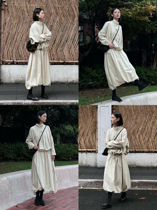 HIDEMI 褶皱花苞感做旧感水洗棉立体剪裁短款立领薄外套套装 商品图1