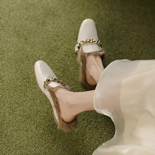 包头半拖鞋女士穆勒鞋，牛皮圆头丝巾装饰平底兔毛保暖拖鞋MCC-C8691 商品图3