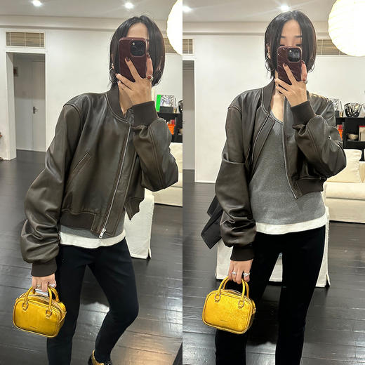 HIDEMI 做旧擦色绵羊皮拉链极简短款棒球皮衣外套 商品图2