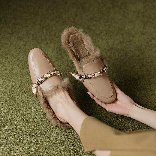 包头半拖鞋女士穆勒鞋，牛皮圆头丝巾装饰平底兔毛保暖拖鞋MCC-C8691 商品图1