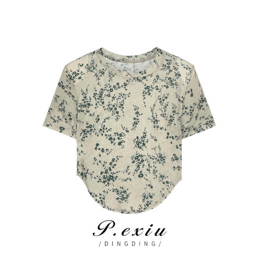 03-3潘依绣丁丁宠粉夏季新款碎花复古设计不规则圆领百搭T恤 K15188 商品图0