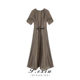 01-1潘依绣丁丁宠粉夏季极简风法式气质显瘦褶皱收腰中长连衣裙 K16130