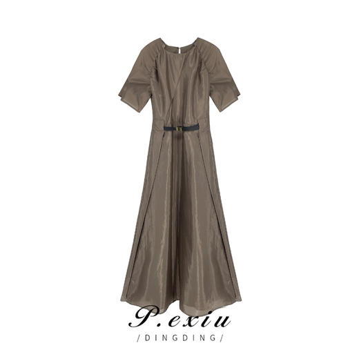 01-1潘依绣丁丁宠粉夏季极简风法式气质显瘦褶皱收腰中长连衣裙 K16130 商品图0