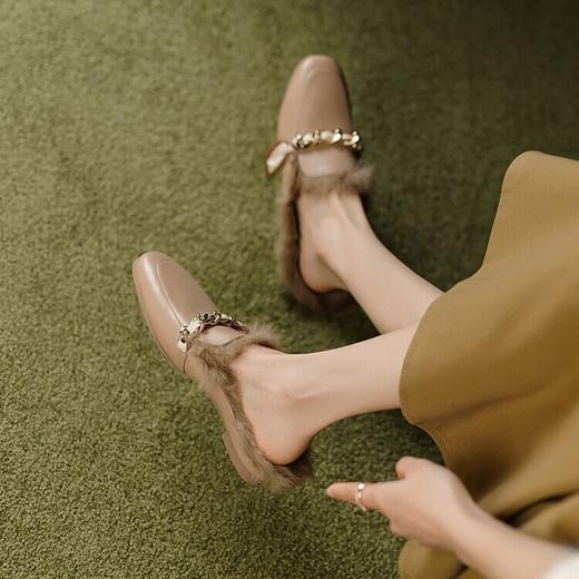 包头半拖鞋女士穆勒鞋，牛皮圆头丝巾装饰平底兔毛保暖拖鞋MCC-C8691 商品图0